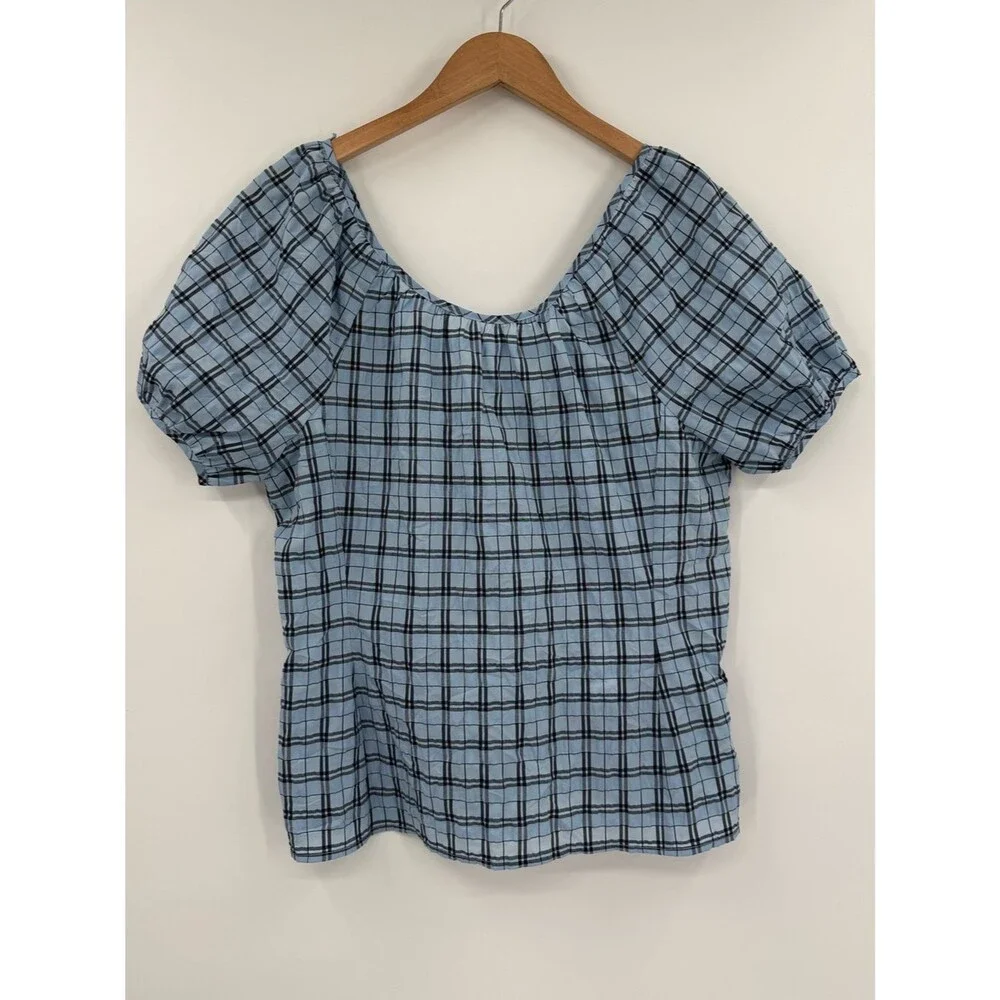 J.Crew V-Back Puff Sleeve Textured Plaid Top  | Light Blue / Navy | Size 6